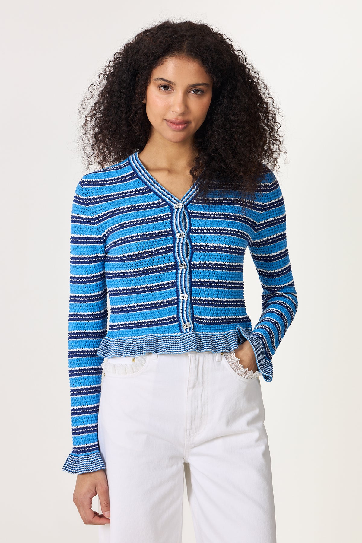 Cotton Pointelle Stripe Cardigan - Marina