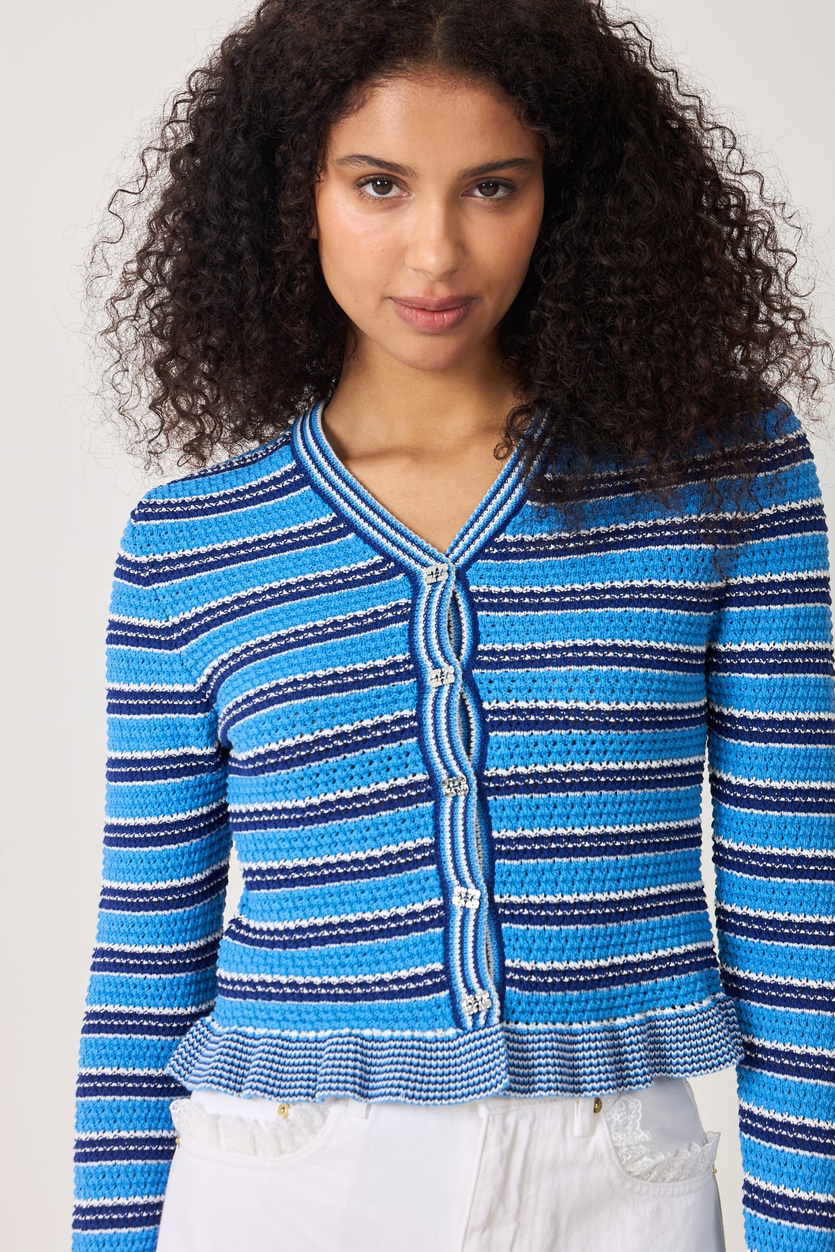 Cotton Pointelle Stripe Cardigan - Marina