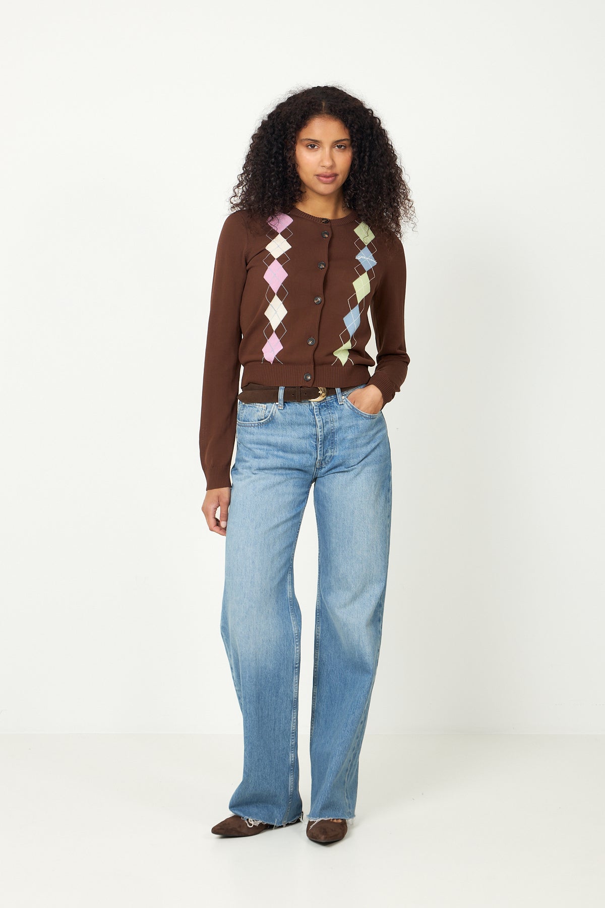 Light Cotton Argyle Cardigan - Tiramisu
