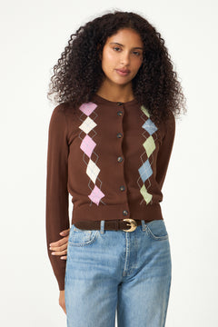 Light Cotton Argyle Cardigan - Tiramisu