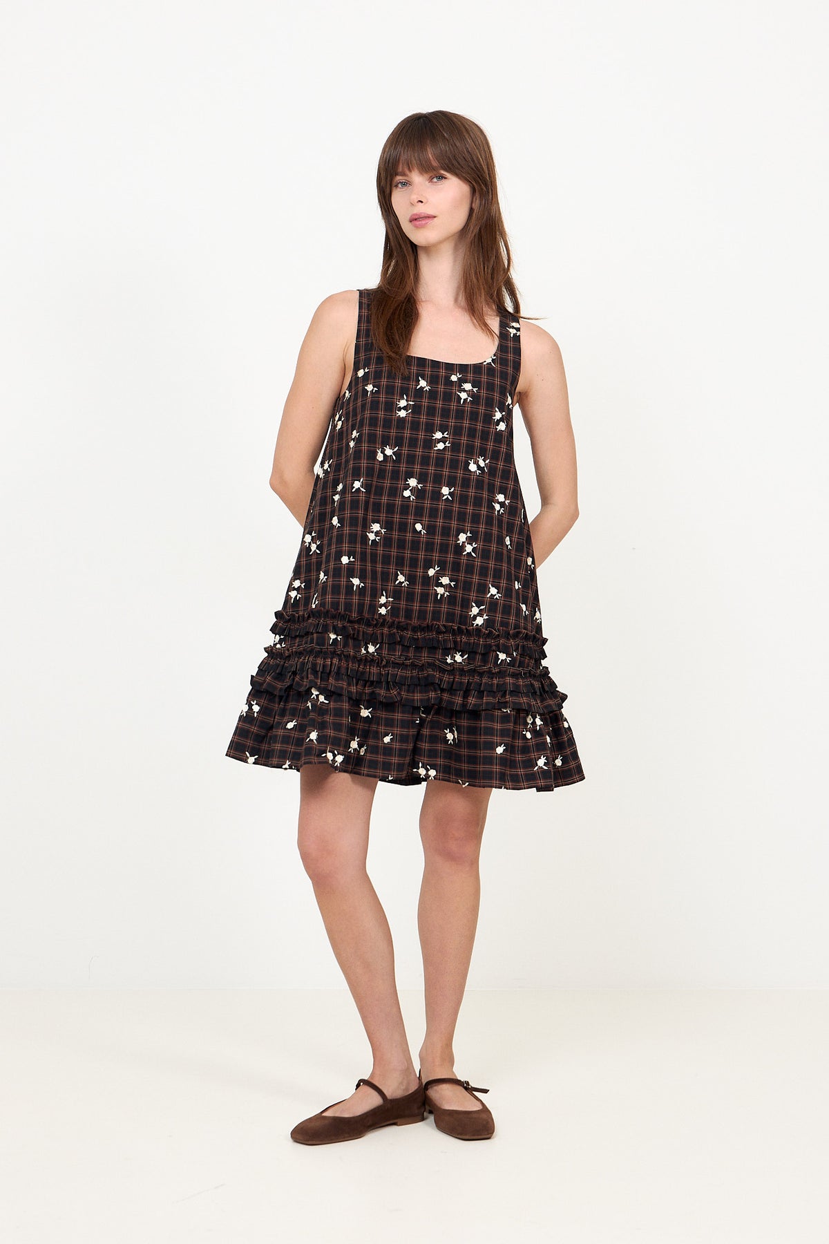 Yarn Dyed Check U-Neck Mini Dress - Cappuccino