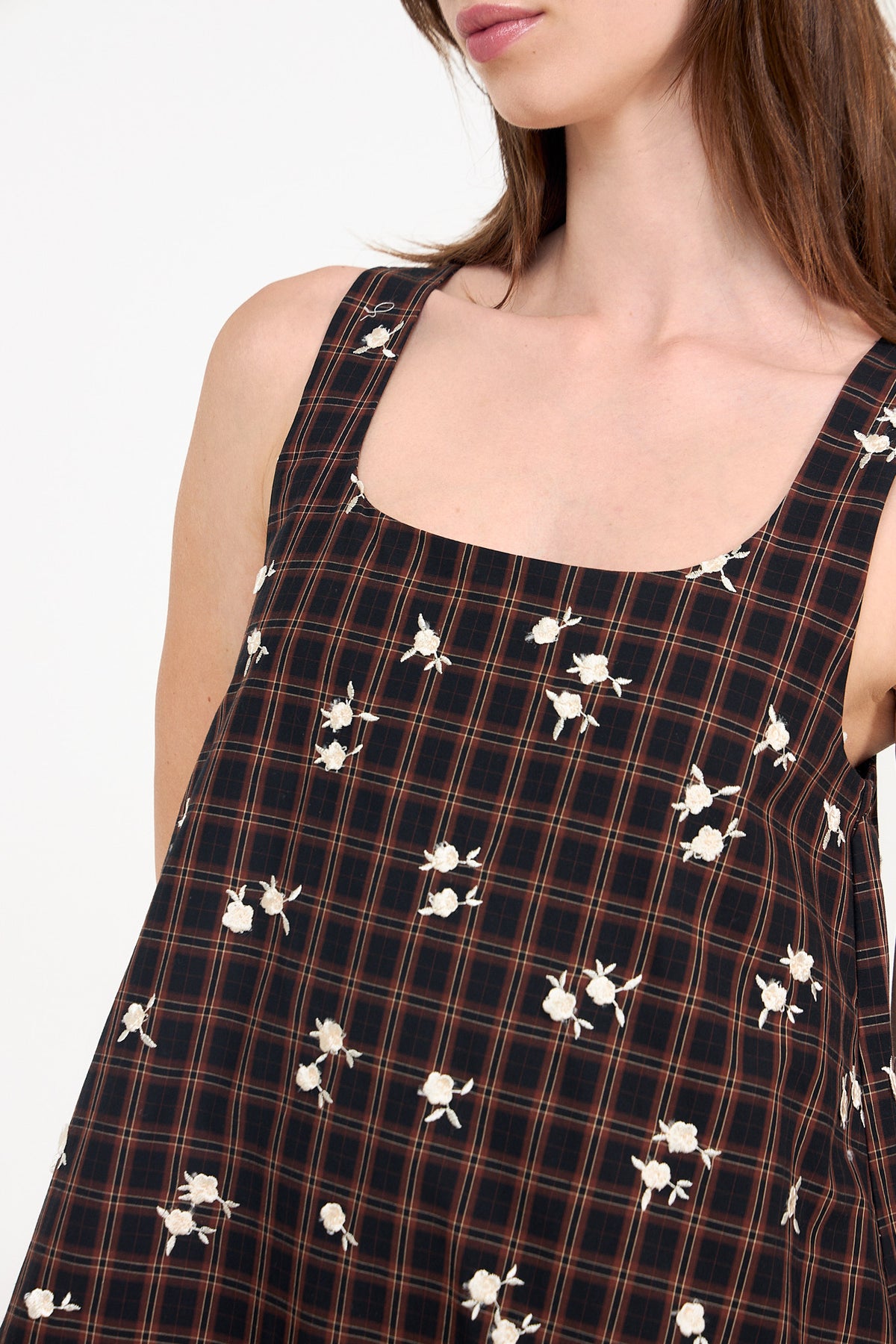 Yarn Dyed Check U-Neck Mini Dress - Cappuccino