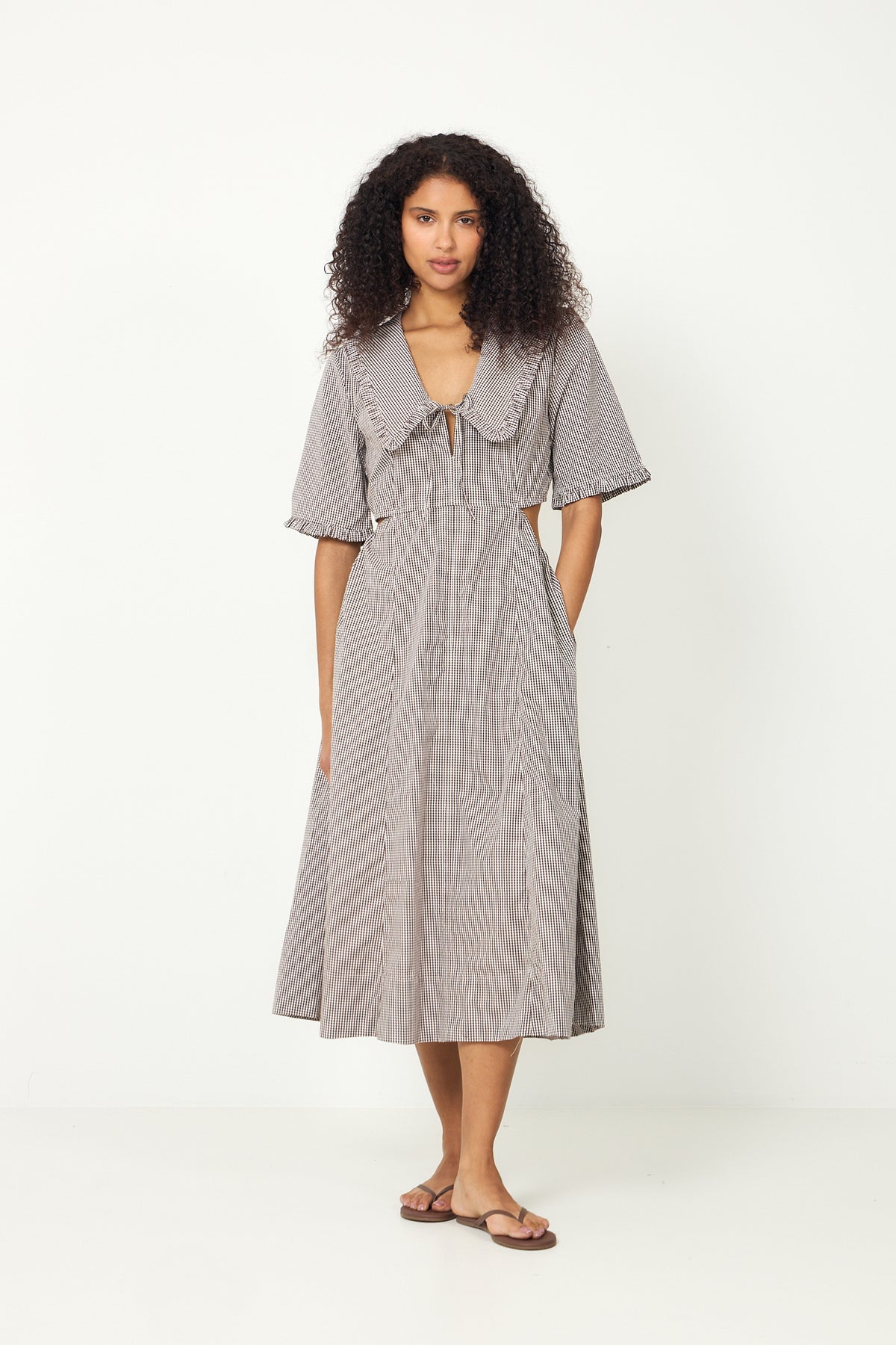 Check Cotton Cut Out Midi Dress - Chicory Coffee