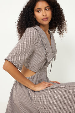 Check Cotton Cut Out Midi Dress - Chicory Coffee