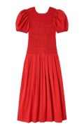 Stretch Cotton Long Smocked Pleated Dress - Goji Berry