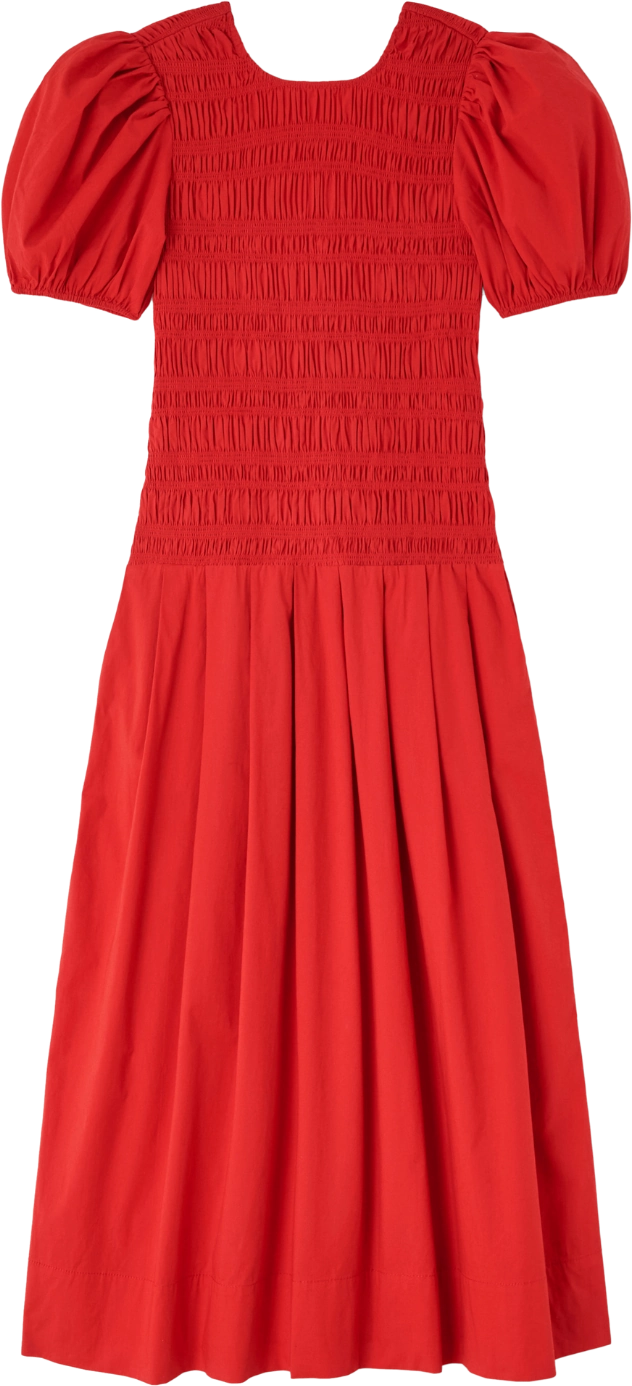 Stretch Cotton Long Smocked Pleated Dress - Goji Berry