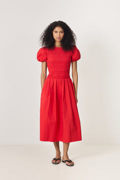 Stretch Cotton Long Smocked Pleated Dress - Goji Berry
