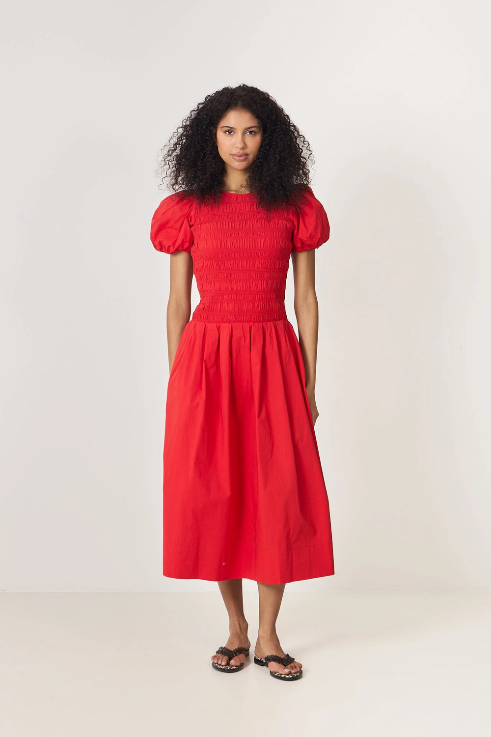 Stretch Cotton Long Smocked Pleated Dress - Goji Berry