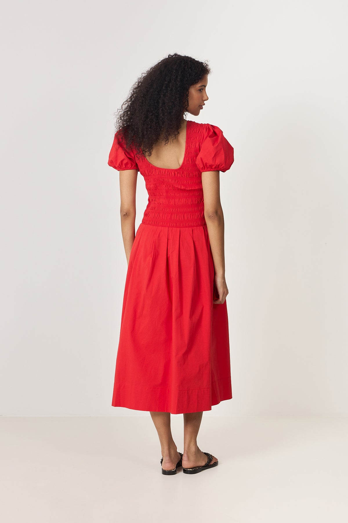 Stretch Cotton Long Smocked Pleated Dress - Goji Berry