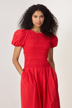 Stretch Cotton Long Smocked Pleated Dress - Goji Berry