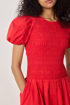 Stretch Cotton Long Smocked Pleated Dress - Goji Berry