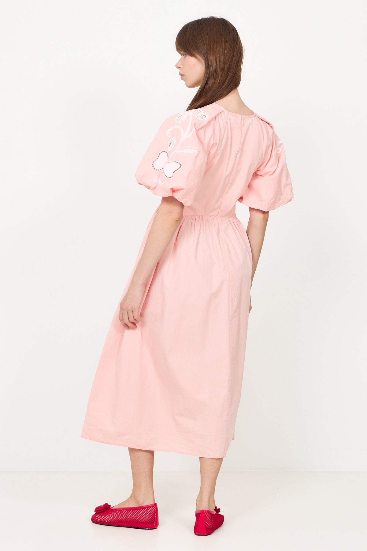 Gathered Raglan Sleeve Midi Dress - Ballerina Broderie