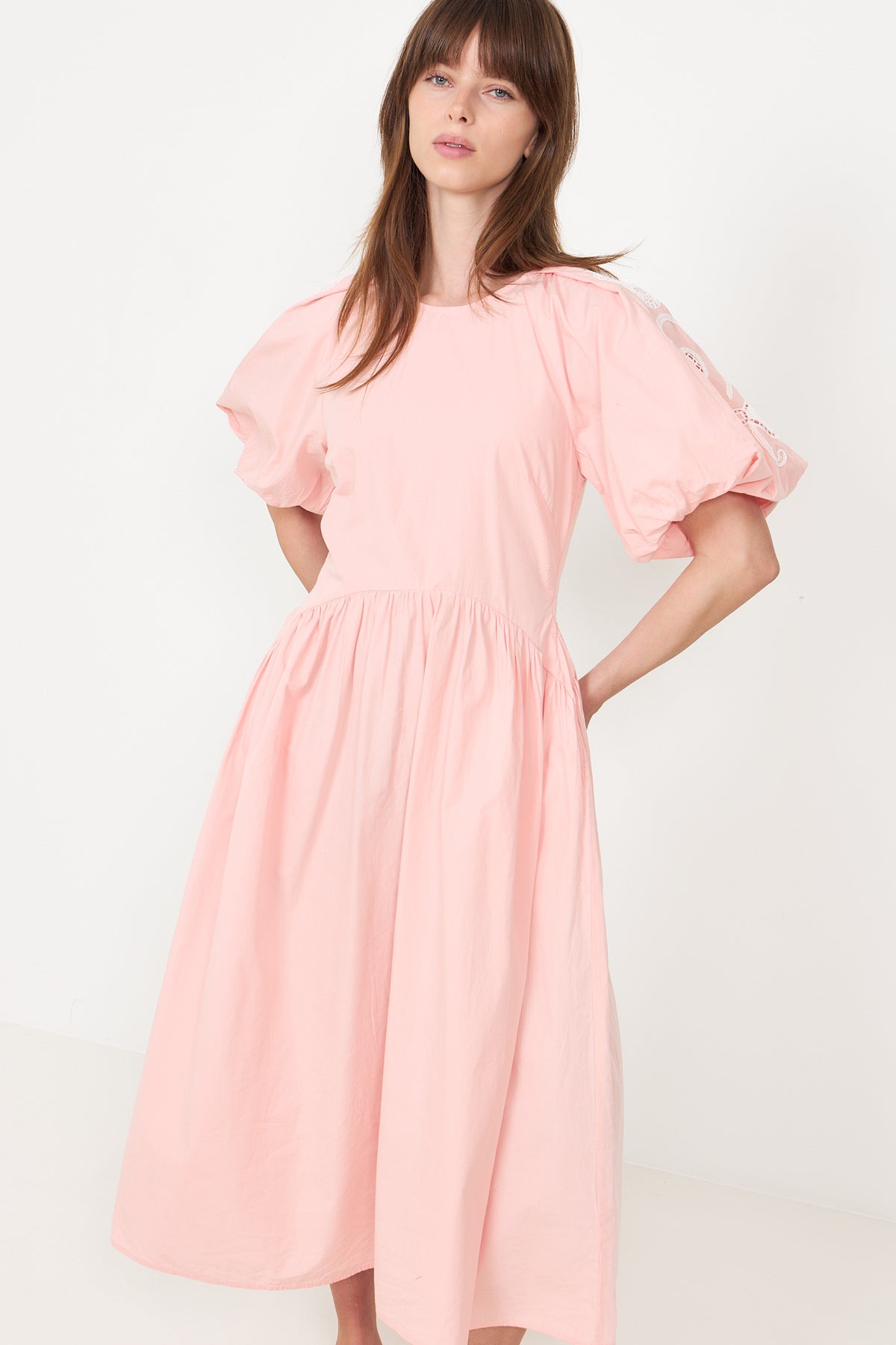 Gathered Raglan Sleeve Midi Dress - Ballerina Broderie