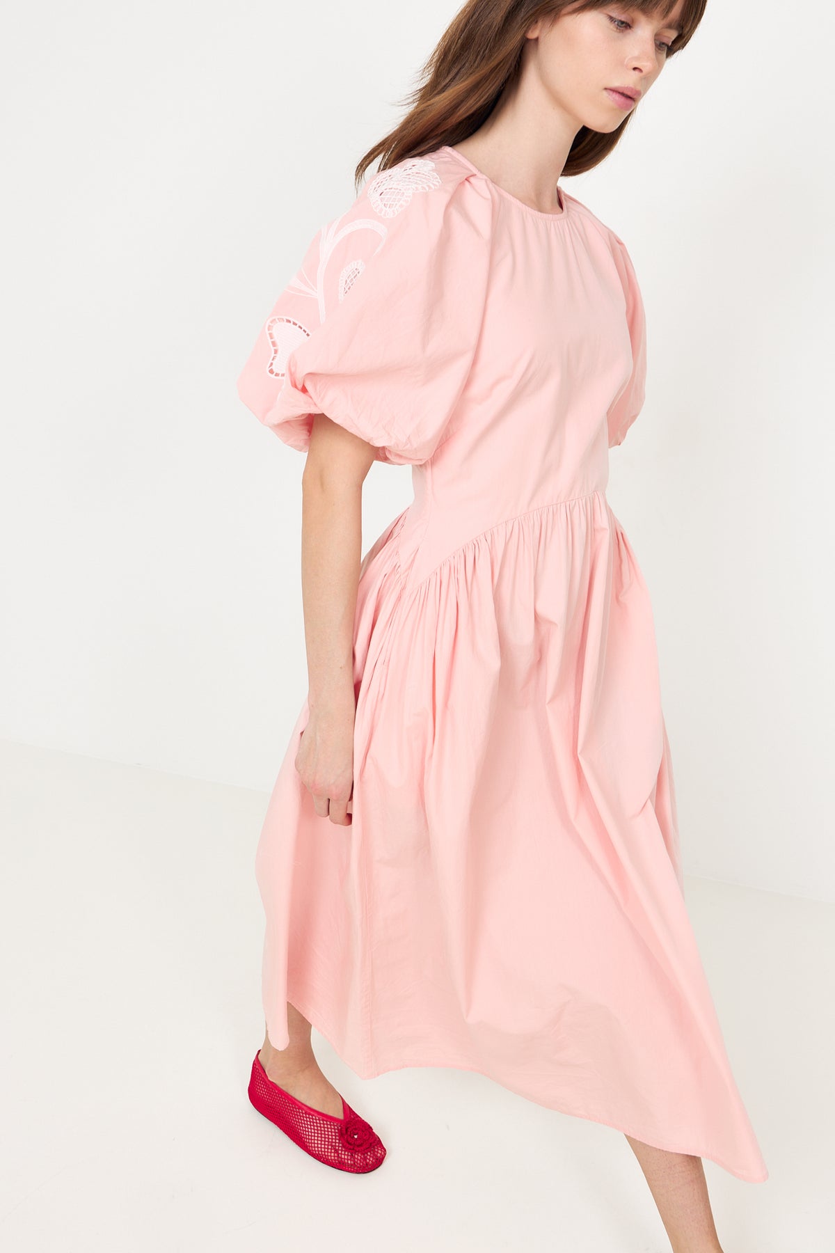 Gathered Raglan Sleeve Midi Dress - Ballerina Broderie