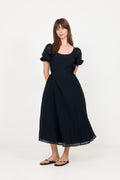 Adjustable Waist Voluminous Midi Dress - Checkered Organza