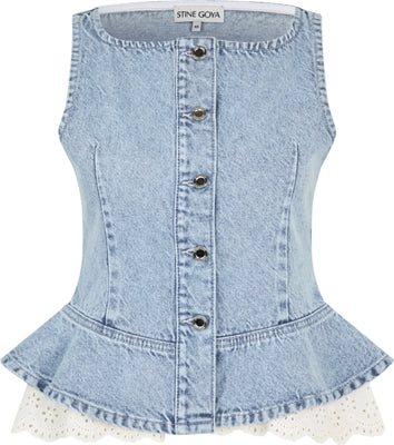 Boatneck Frill Buttoned Top - Denim Blue