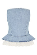 Boatneck Frill Buttoned Top - Denim Blue