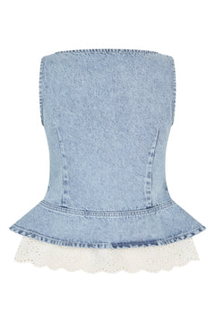 Boatneck Frill Buttoned Top - Denim Blue
