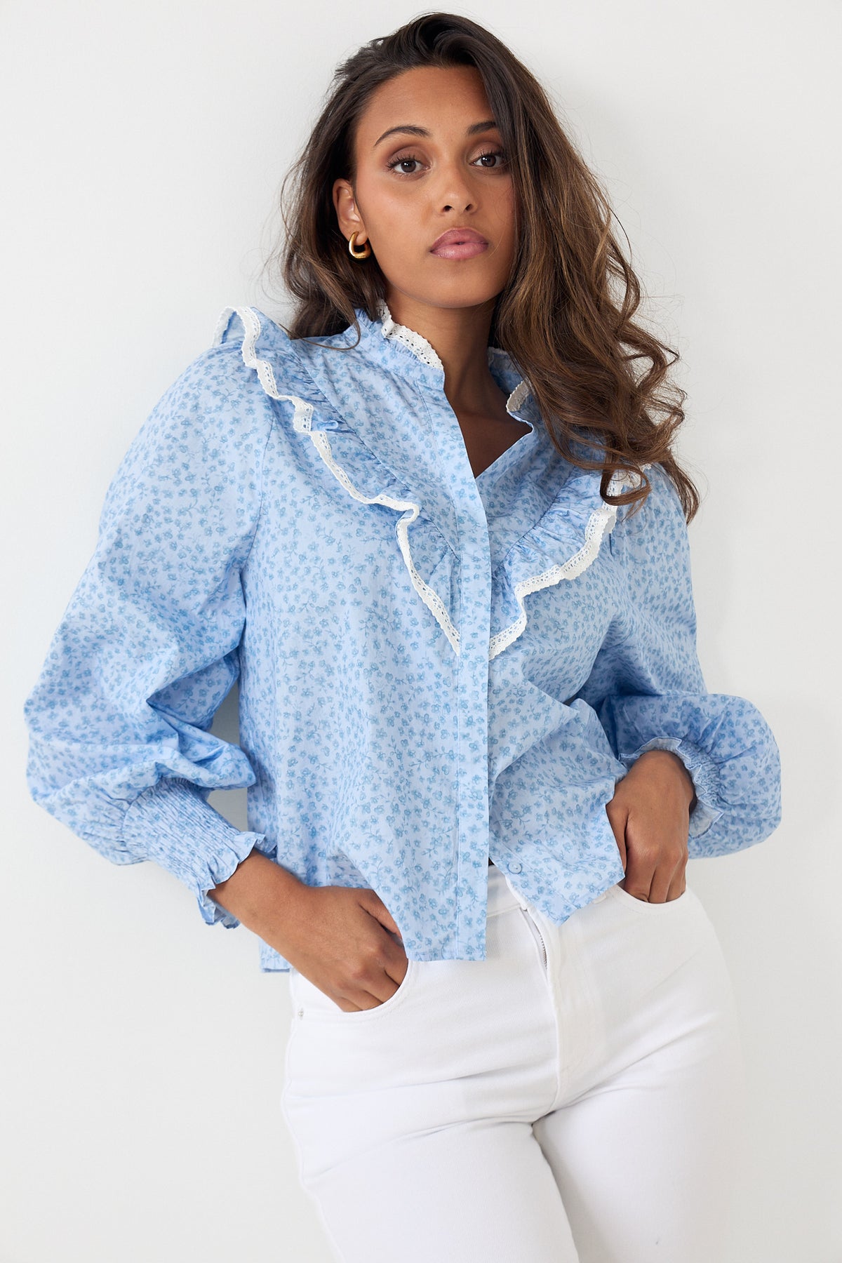 Synne Cotton Flower Blouse - Blue Flower