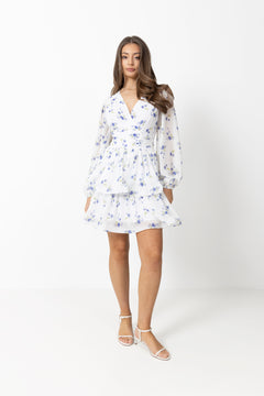 Jade Wave Chiffon Floret Dress - White/Blue