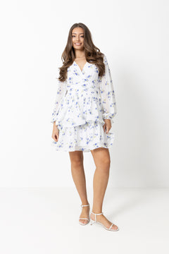 Jade Wave Chiffon Floret Dress - White/Blue