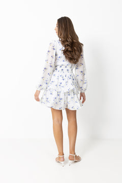 Jade Wave Chiffon Floret Dress - White/Blue