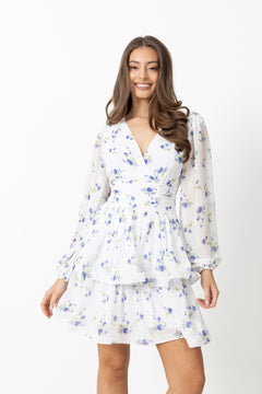 Jade Wave Chiffon Floret Dress - White/Blue