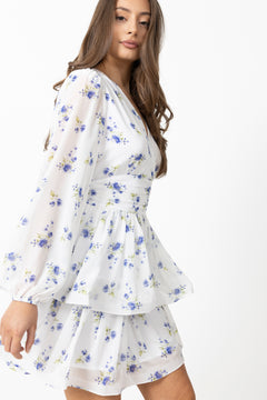 Jade Wave Chiffon Floret Dress - White/Blue