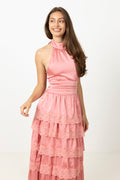 Ingalu Satin Lace Maxi Dress - Coral