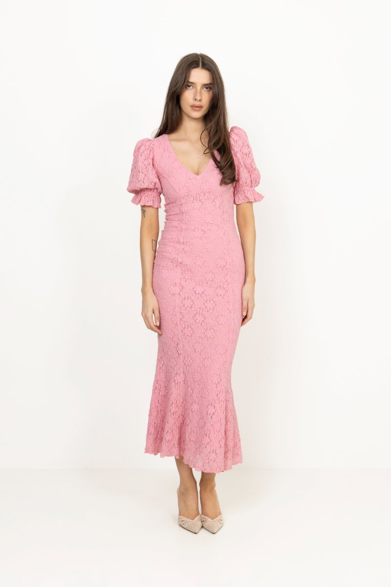 Lace Puff Sleeve Dress - Sea Pink