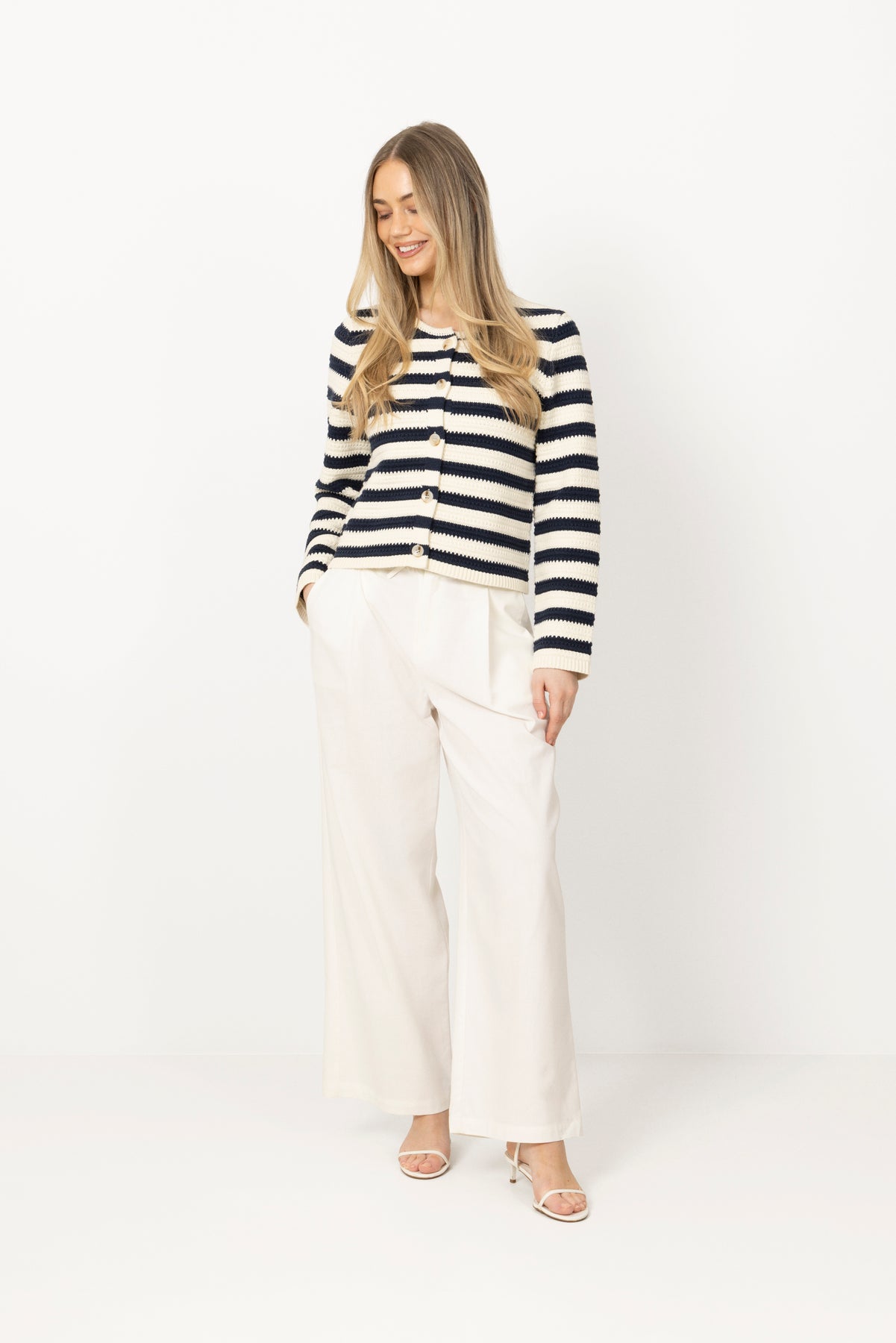 Emily Cotton Knit Cardigan - Creme/Navy