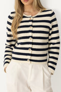 Emily Cotton Knit Cardigan - Creme/Navy