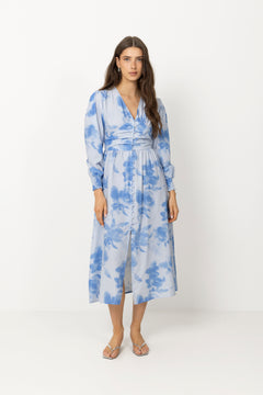 Adelic Long Dress - Abstract Blue Flower Print