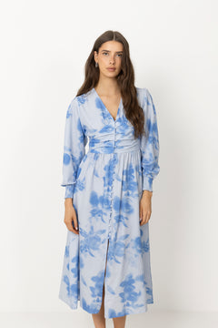 Adelic Long Dress - Abstract Blue Flower Print