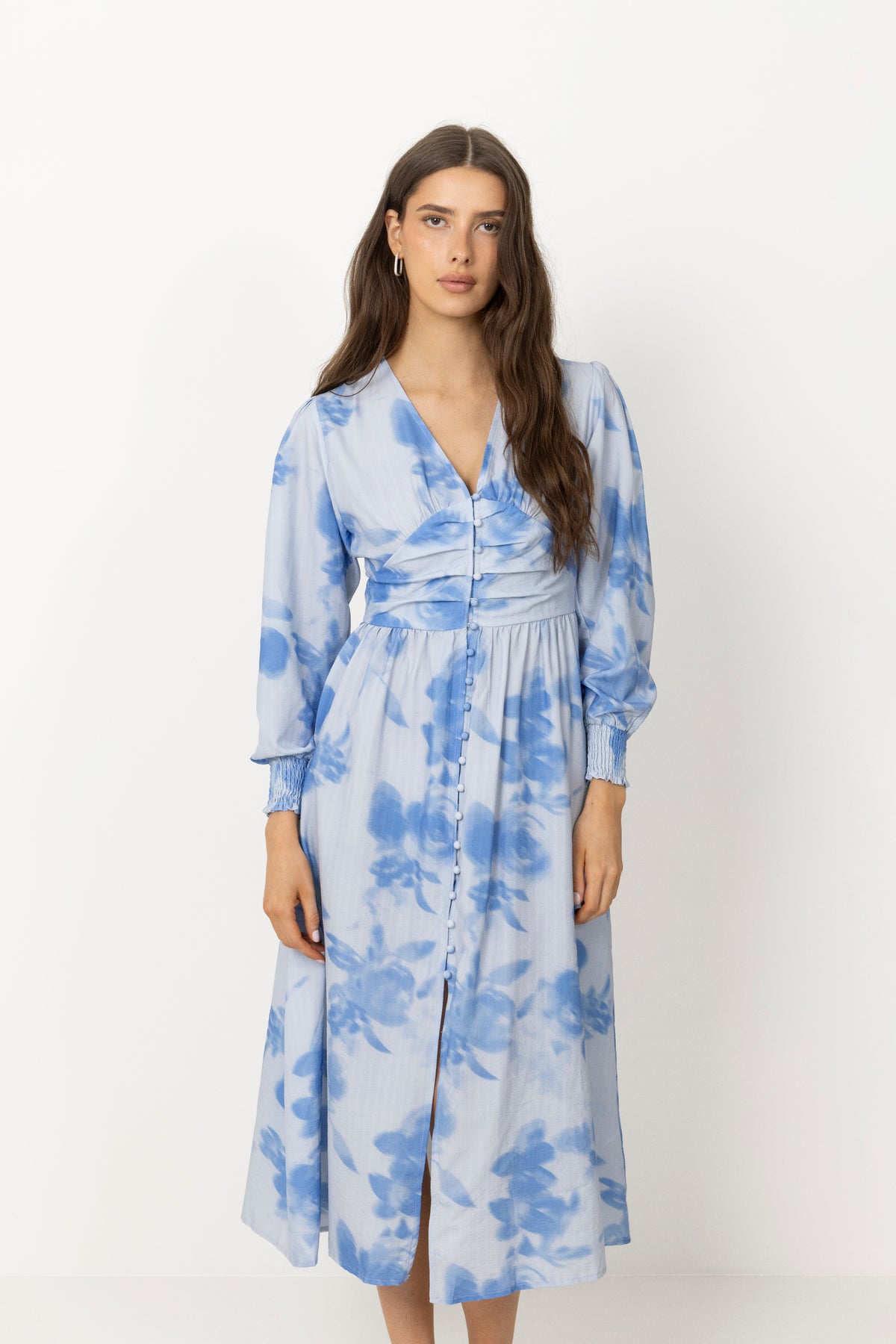 Adelic Long Dress - Abstract Blue Flower Print