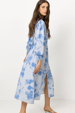 Adelic Long Dress - Abstract Blue Flower Print