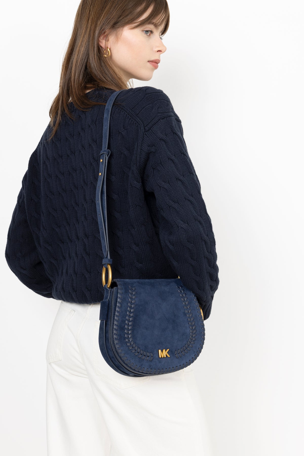 Josie Medium Whipstitched Suede Saddle Bag - Dress Blues