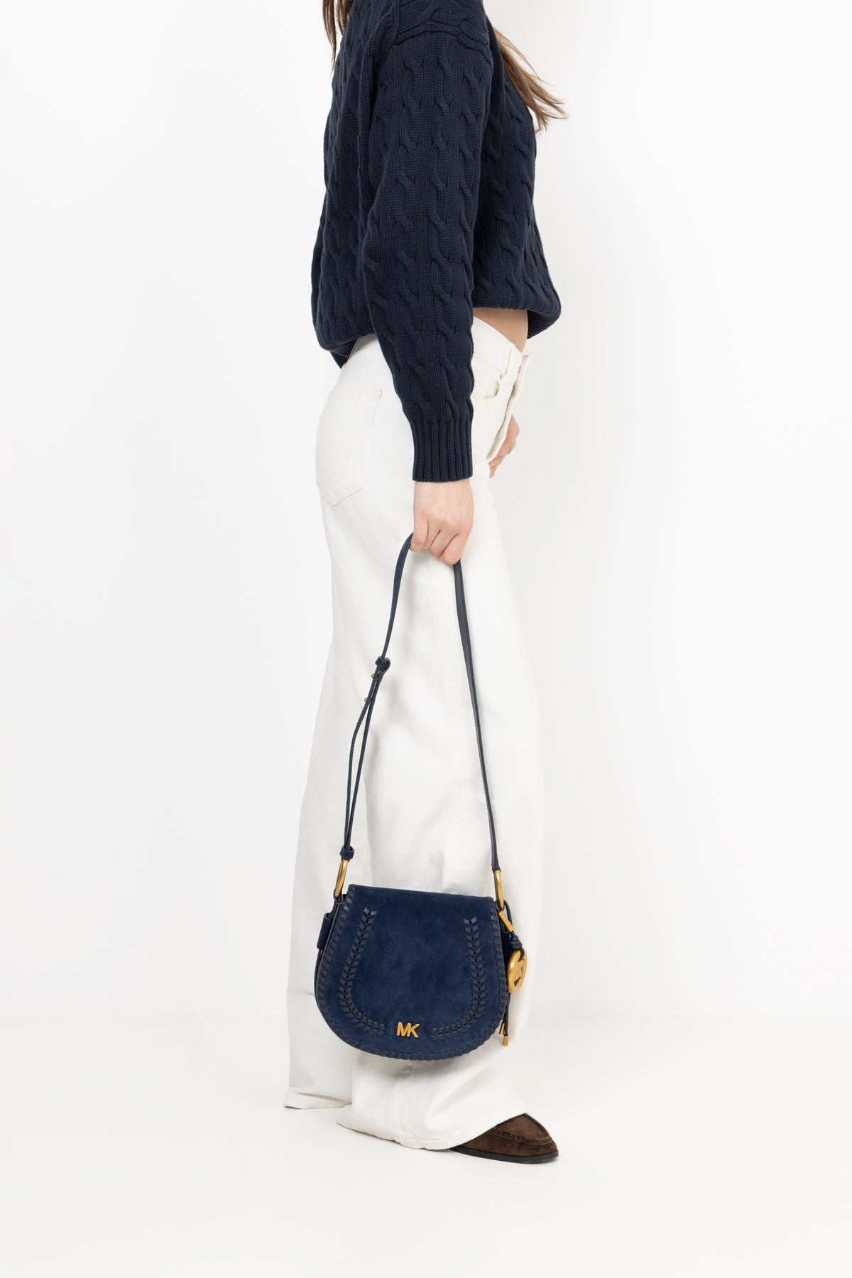 Josie Medium Whipstitched Suede Saddle Bag - Dress Blues
