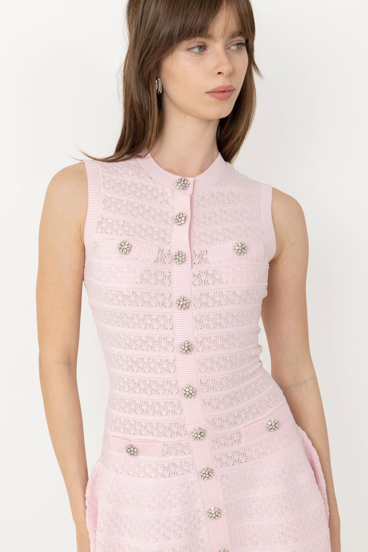 Pointelle Diamante Knit Mini Dress - Pink