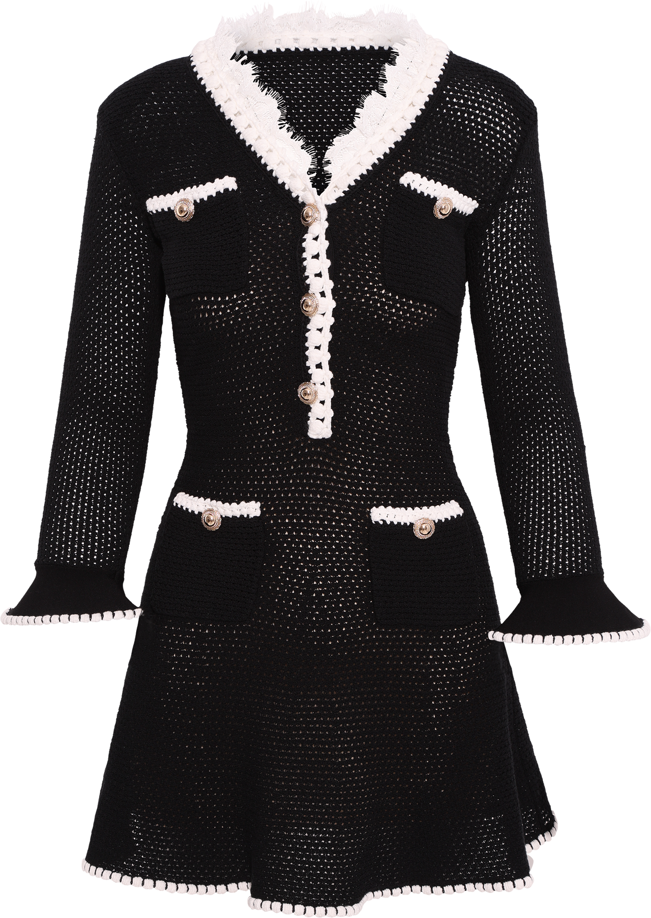 Lace Trim Knit Mini Dress - Black