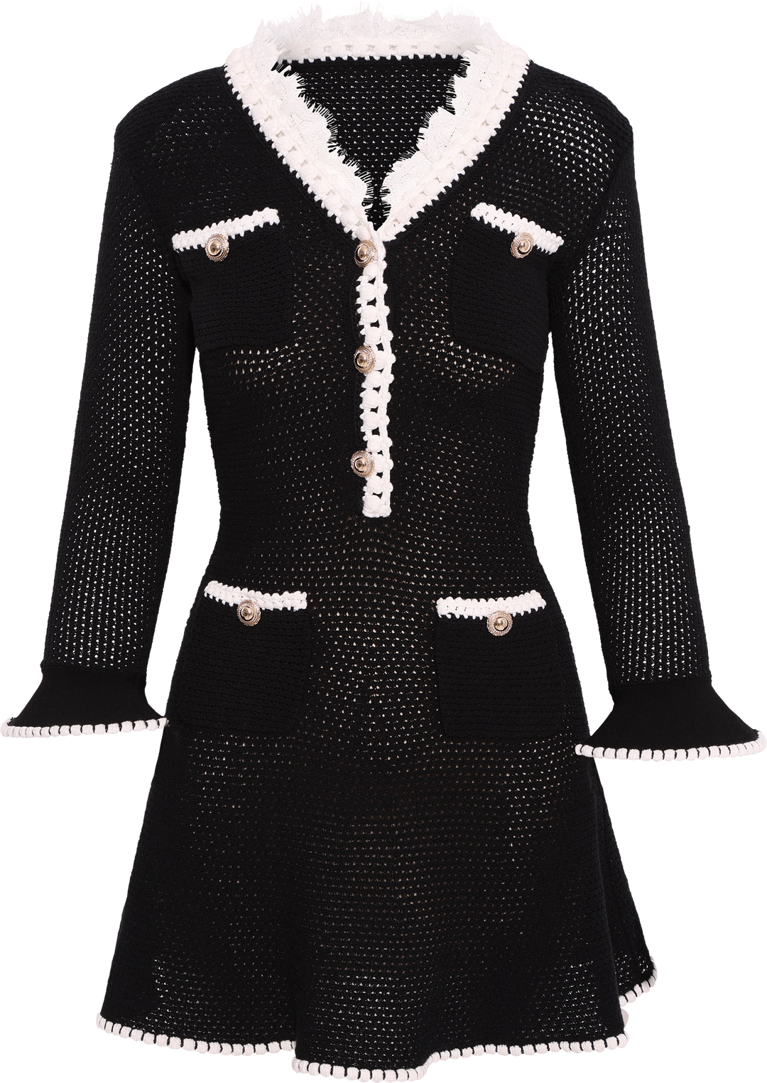 Lace Trim Knit Mini Dress - Black