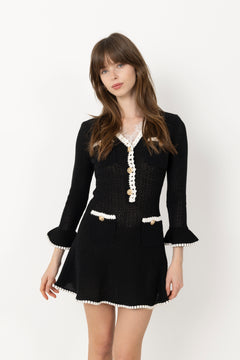 Lace Trim Knit Mini Dress - Black