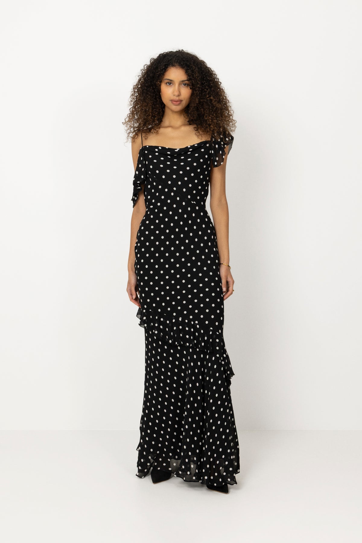 Polka Dot Georgette Maxi Dress - Black