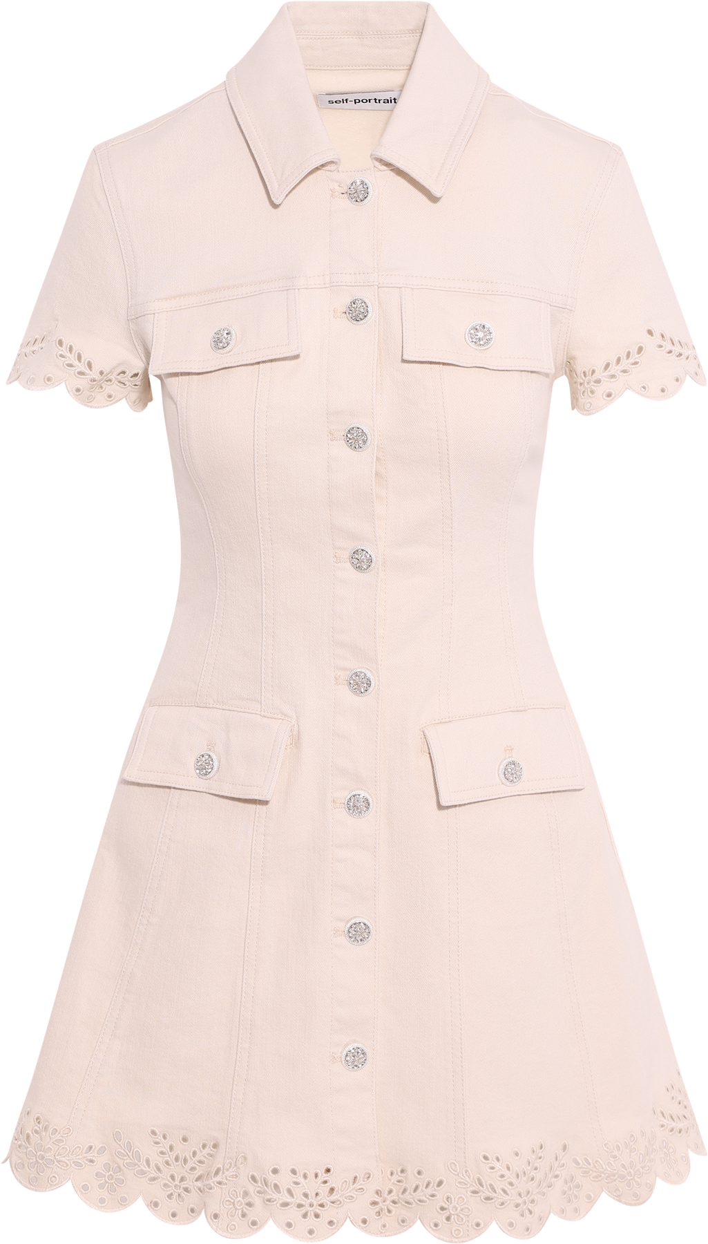 Broderie Denim Mini Dress - Cream