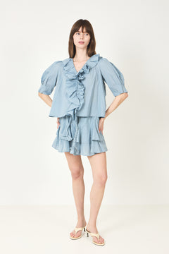Cotton Frill Blouse - Light Blue