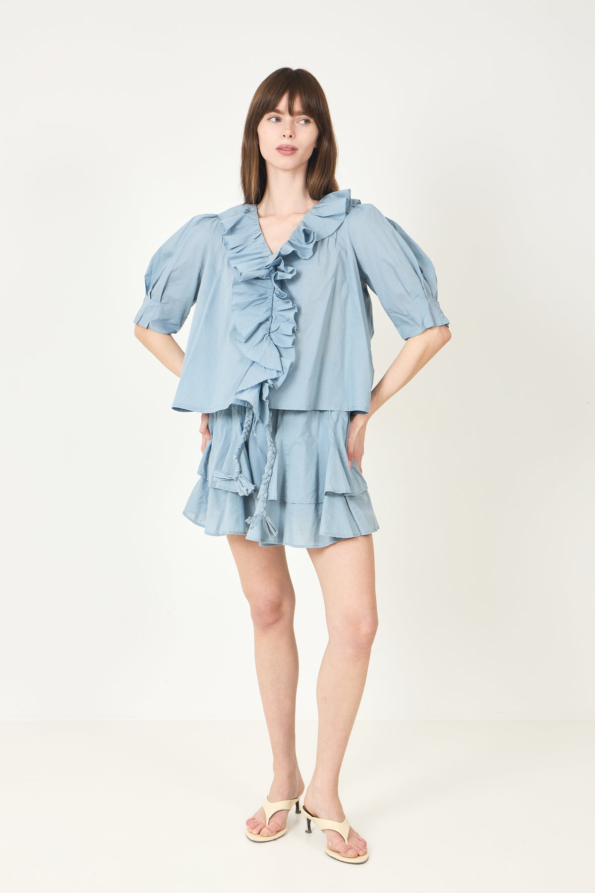 Cotton Frill Blouse - Light Blue