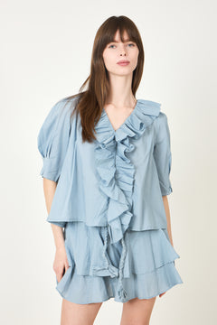 Cotton Frill Blouse - Light Blue