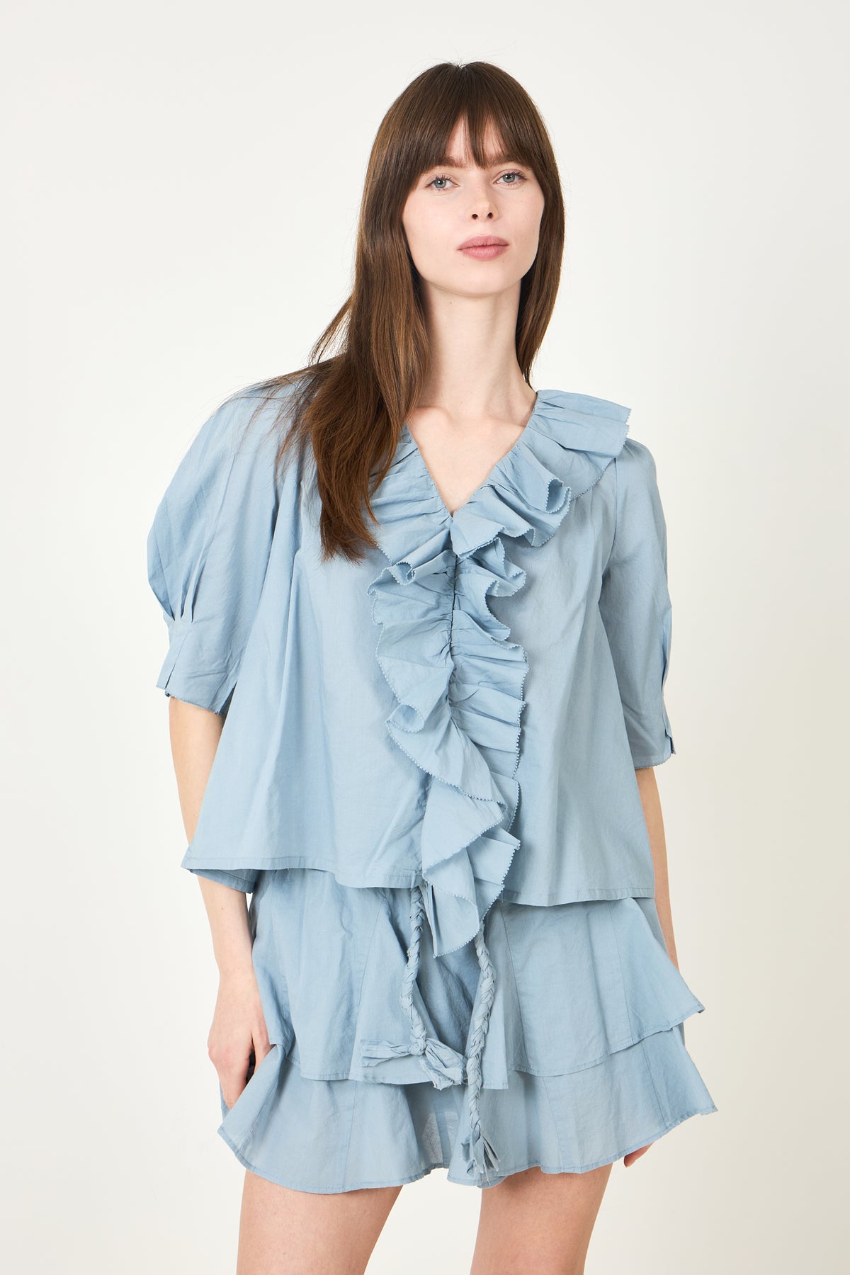 Cotton Frill Blouse - Light Blue