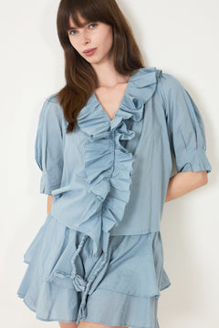 Cotton Frill Blouse - Light Blue