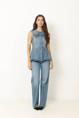 Flared Denim Top - Medium Blue Denim